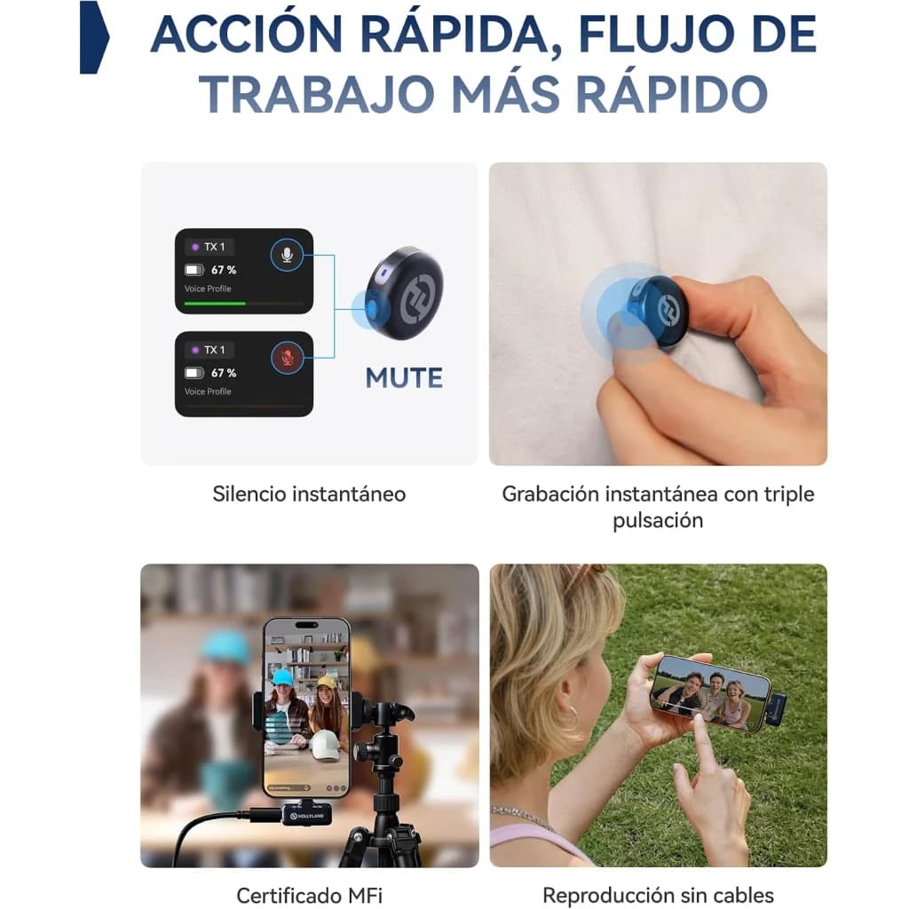 Microphone Sans Fil Hollyland Lark M3 Combo 4TX & 2RX Gris Sidéral USB-C avec bouton mute, enregistrement triple pression, clips compacts et récepteur iPhone