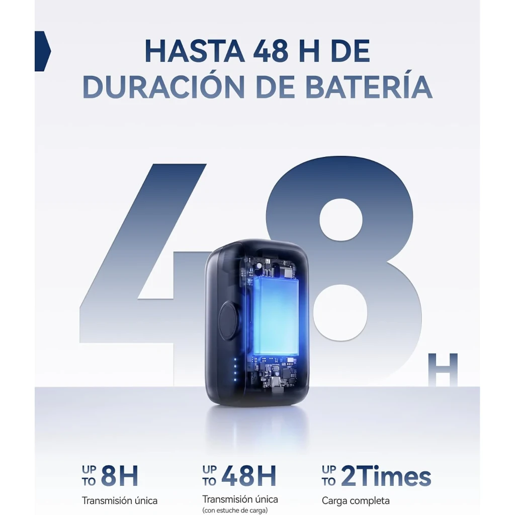 Transmisor gris espacial con carcasa semitransparente que muestra el interior. Destaca batería de hasta 48 h con estuche de carga y uso continuo de 8 h