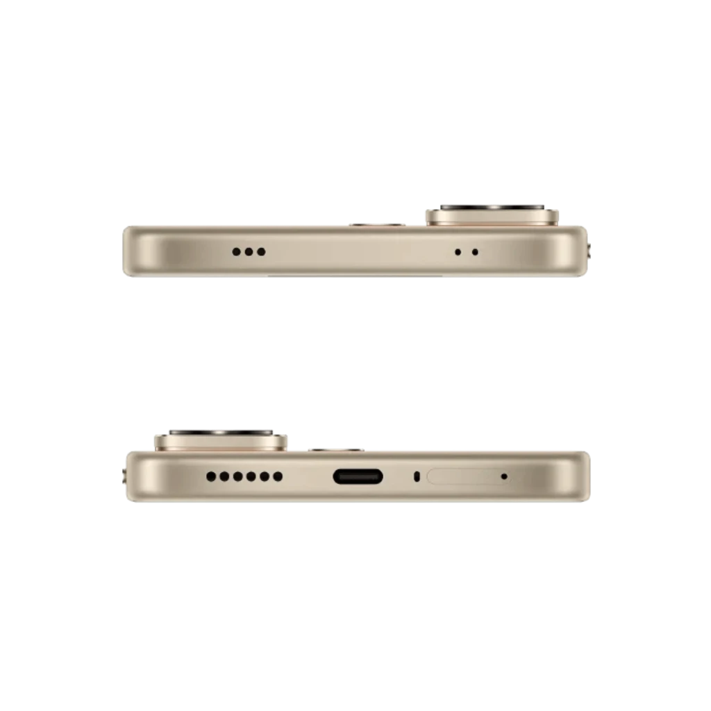 Bordes dorados del Xiaomi Poco X8 5G con módulo de cámara sobresaliente, puerto USB-C, altavoces, micrófonos y bandeja SIM en diseño delgado