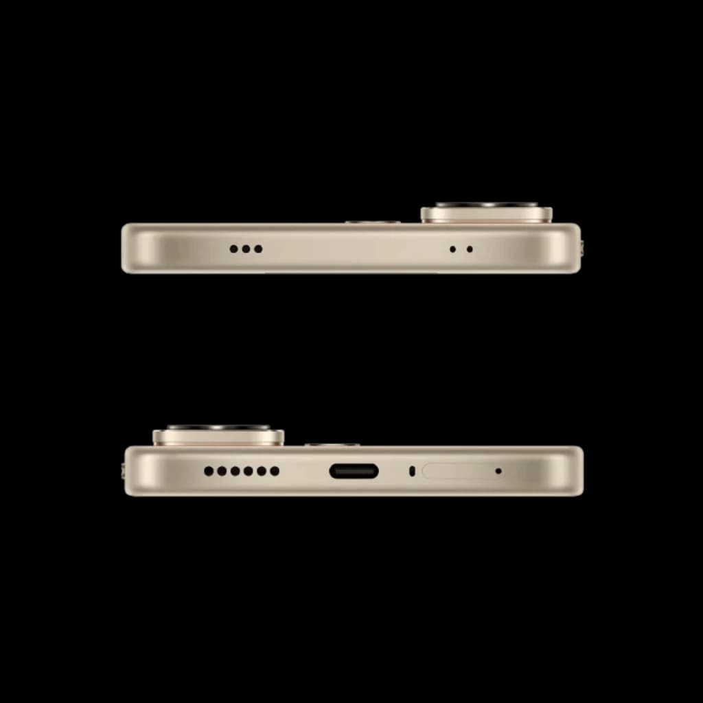 Bordes dorados del Xiaomi Poco X8 5G con módulo de cámara sobresaliente, puerto USB-C, altavoces, micrófonos y bandeja SIM en diseño delgado
