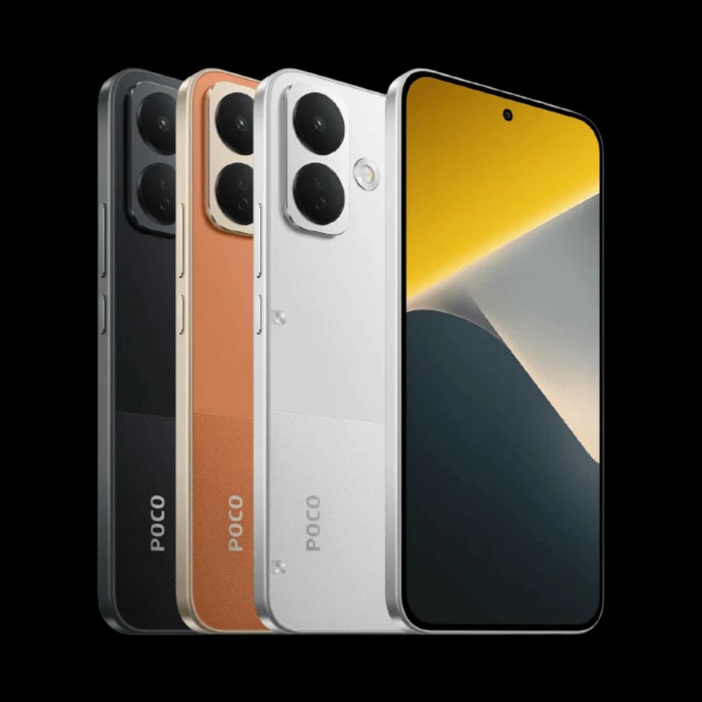 Xiaomi Poco X8 5G en negro, naranja y plata con pantalla AMOLED 6,59 perforada y módulo trasero dual grande; diseño bicolor mate y brillo con logo Poco