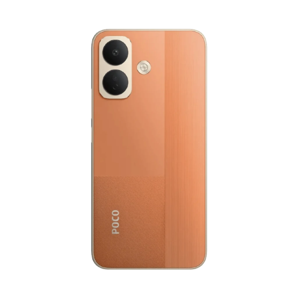 Xiaomi Poco X8 5G naranja con tapa bicolor, módulo dual de cámara grande y flash central; acabado texturizado inferior y logo POCO visible