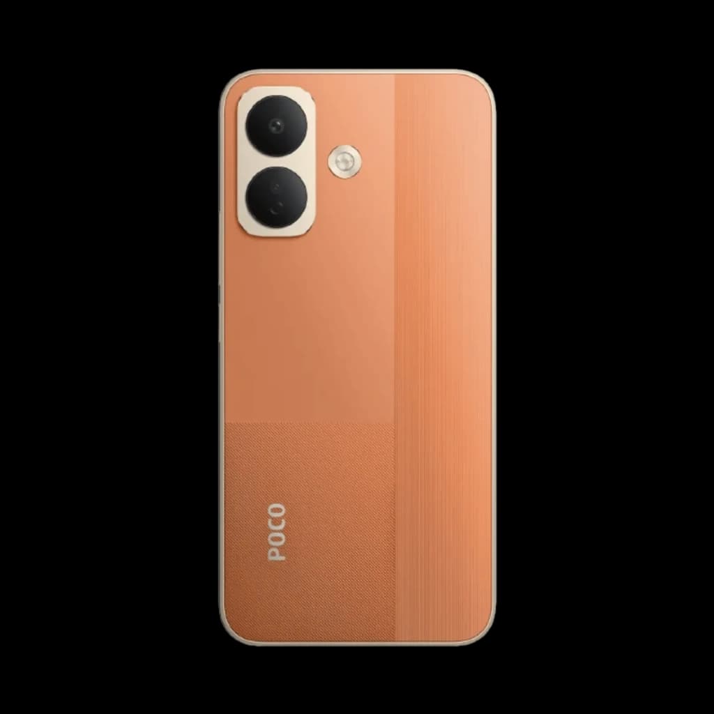 Xiaomi Poco X8 5G naranja con tapa bicolor, módulo dual de cámara grande y flash central; acabado texturizado inferior y logo POCO visible