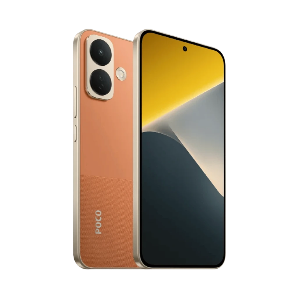 Xiaomi Poco X8 5G naranja con pantalla AMOLED 6,59 pulgadas 120Hz, doble cámara trasera con módulo dual y frontal en orificio centrado, marco dorado elegante