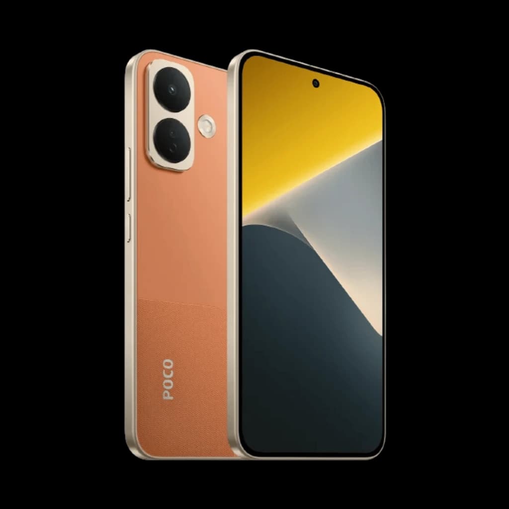 Xiaomi Poco X8 5G naranja con pantalla AMOLED 6,59 pulgadas 120Hz, doble cámara trasera con módulo dual y frontal en orificio centrado, marco dorado elegante