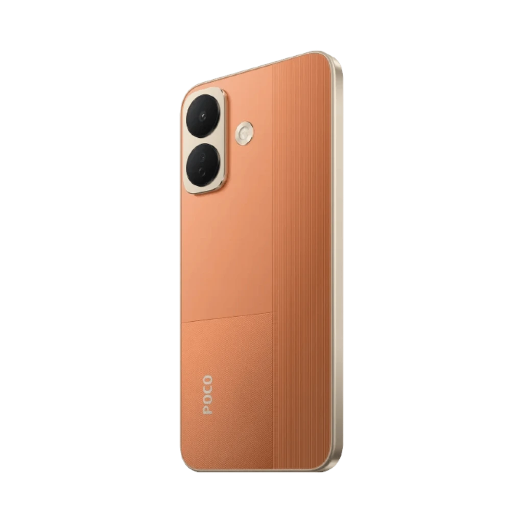 Xiaomi Poco X8 5G naranja con acabado bicolor mate y brillante, doble cámara trasera grande con flash, bordes dorados y logo POCO en la parte inferior