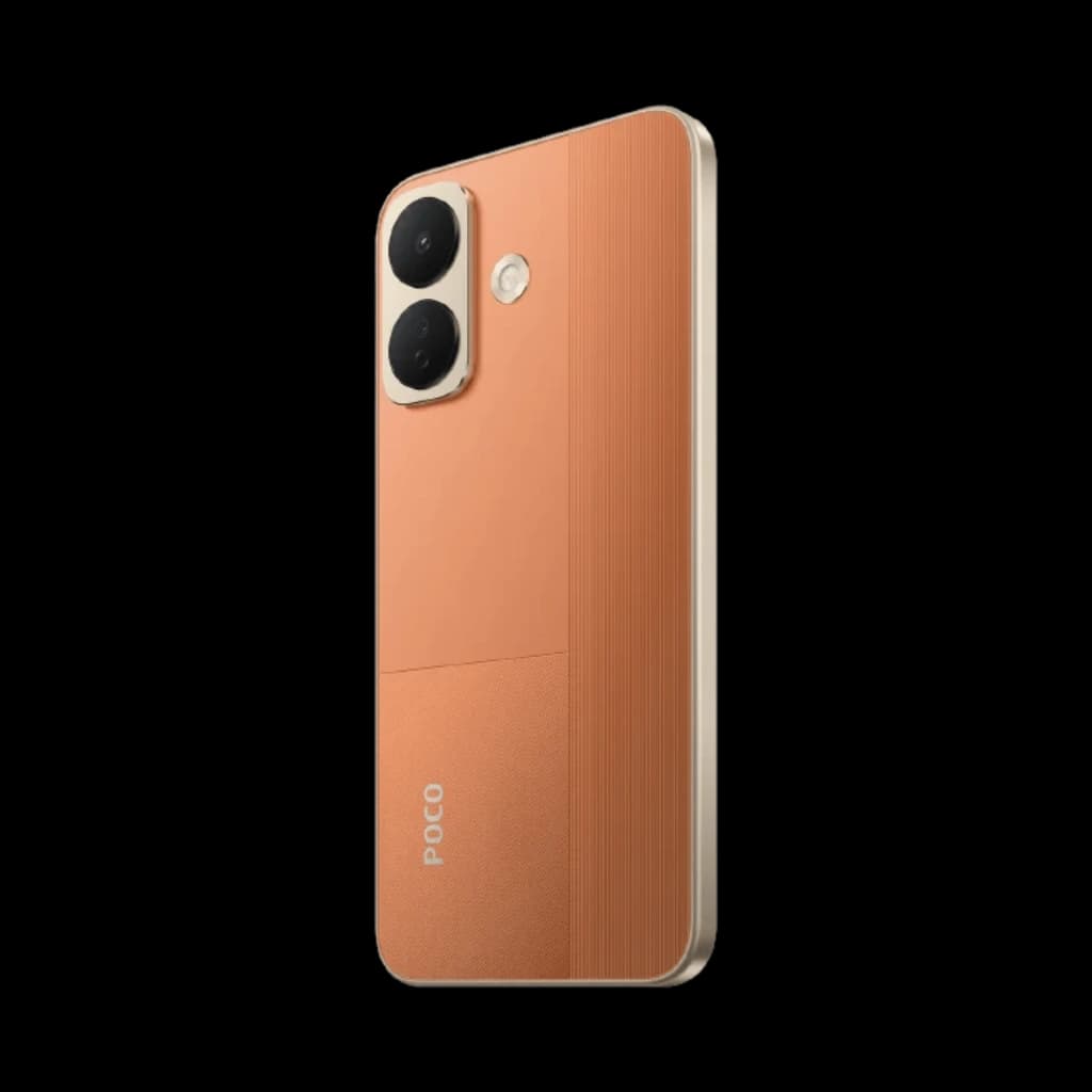 Xiaomi Poco X8 5G naranja con acabado bicolor mate y brillante, doble cámara trasera grande con flash, bordes dorados y logo POCO en la parte inferior
