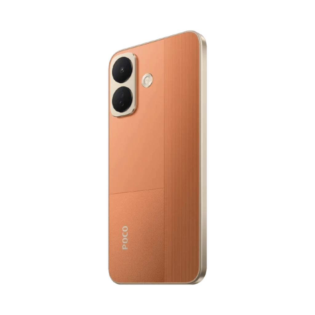 Xiaomi Poco X8 5G naranja con trasera bicolor, bordes dorados y doble cámara trasera grande con flash; módulo vertical elegante y acabado texturizado