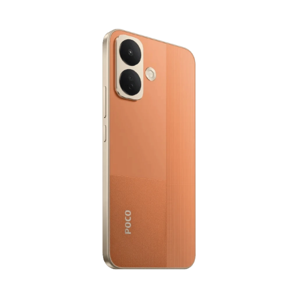 Xiaomi Poco X8 5G naranja con trasera texturizada, doble cámara grande y flash, bordes dorados y módulo vertical elegante