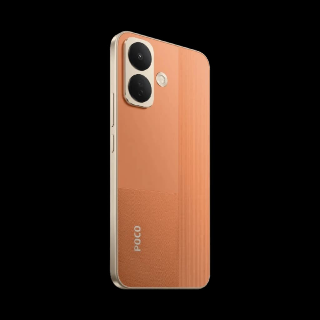 Xiaomi Poco X8 5G naranja con trasera texturizada, doble cámara grande y flash, bordes dorados y módulo vertical elegante