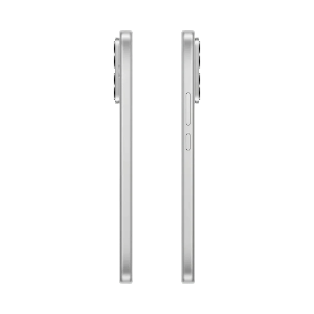 Xiaomi Poco X8 5G blanco con borde metálico plano, perfil delgado, módulo de cámara trasero sobresaliente y botones laterales de volumen y encendido