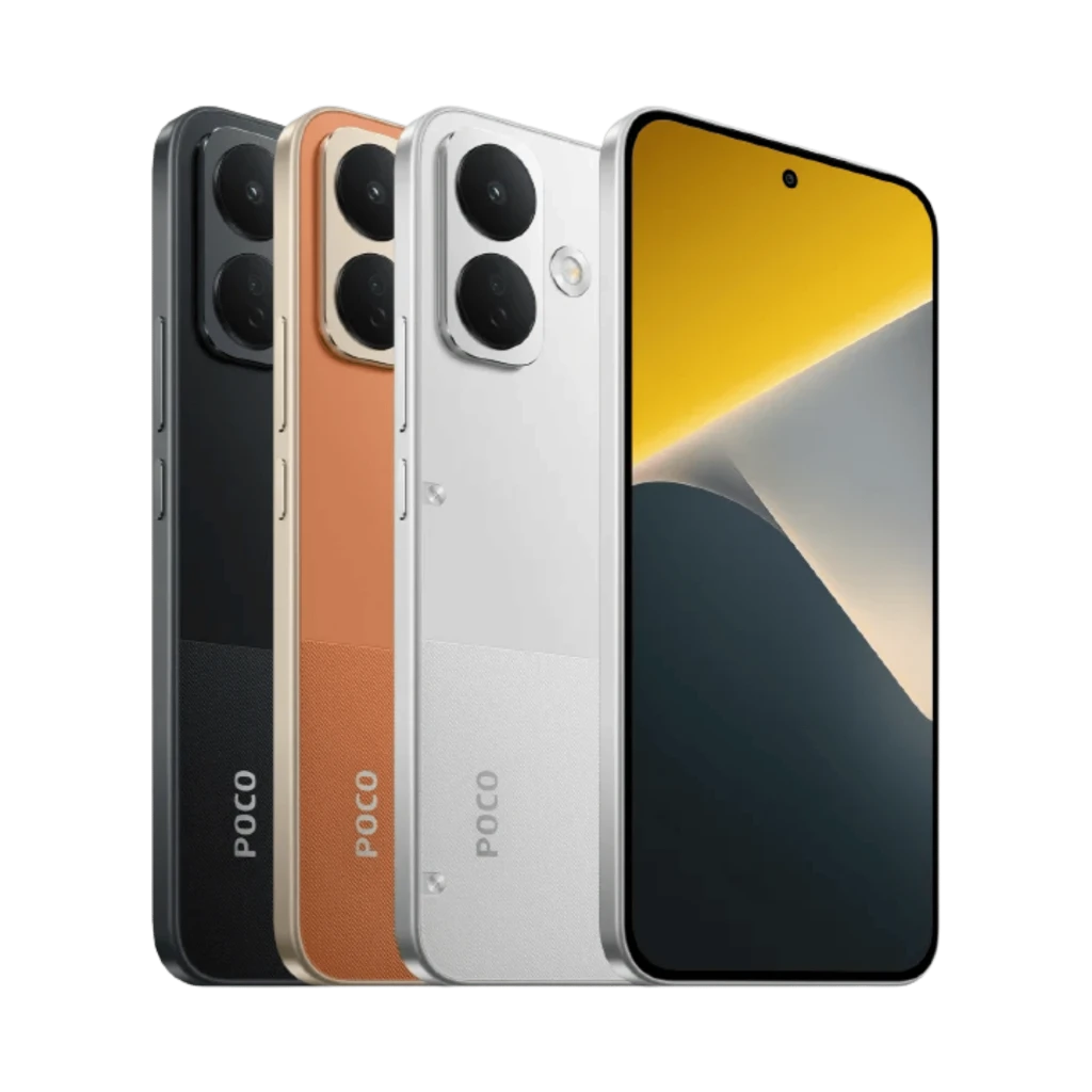 Xiaomi Poco X8 5G en blanco con pantalla AMOLED 6,59 pulgadas perforada, marco metálico, triple cámara trasera dual-ring y acabado bicolor elegante