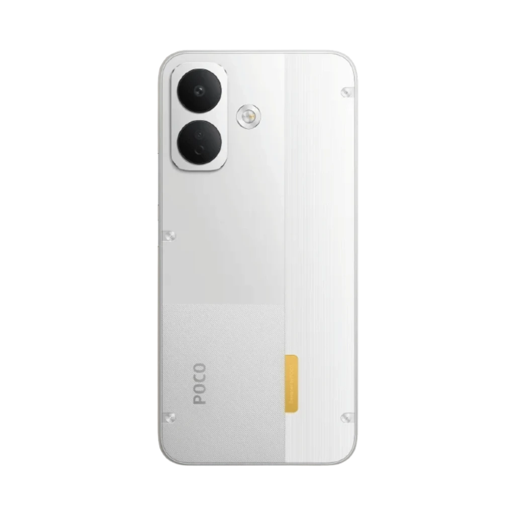 Xiaomi Poco X8 5G blanco con tapa trasera bicolor, doble cámara trasera grande y flash, módulo OIS destacado, acabado mate y detalles metálicos brillantes