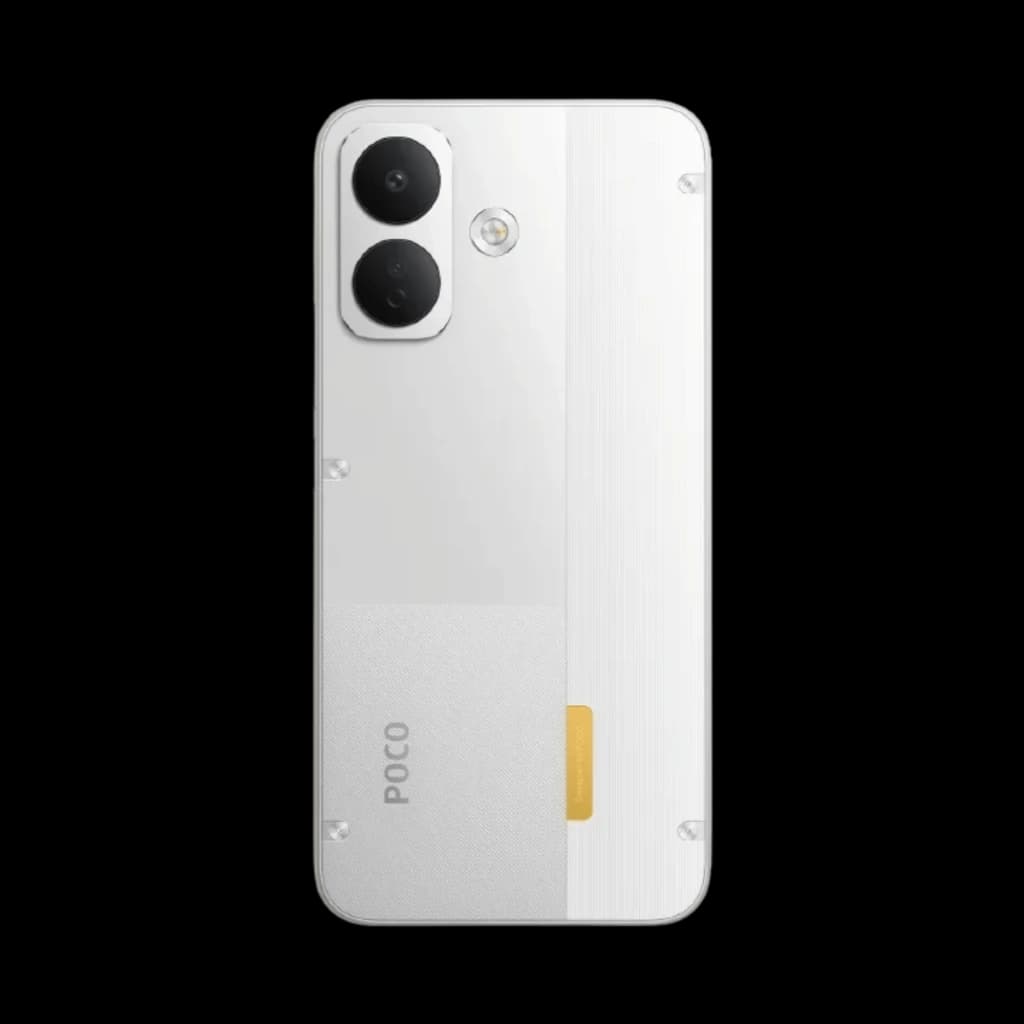Xiaomi Poco X8 5G blanco con tapa trasera bicolor, doble cámara trasera grande y flash, módulo OIS destacado, acabado mate y detalles metálicos brillantes
