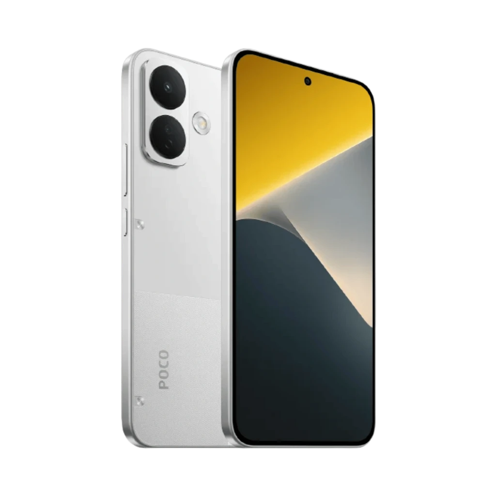 Xiaomi Poco X8 5G blanco con doble cámara trasera grande, pantalla AMOLED 6,59 pulgadas con biseles finos y orificio centrado, acabado mate brillante