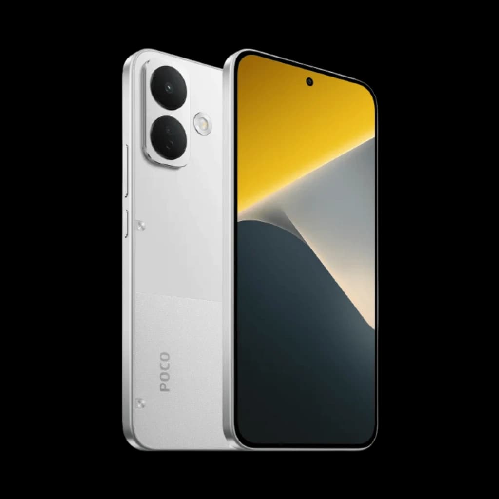 Xiaomi Poco X8 5G blanco con doble cámara trasera grande, pantalla AMOLED 6,59 pulgadas con biseles finos y orificio centrado, acabado mate brillante