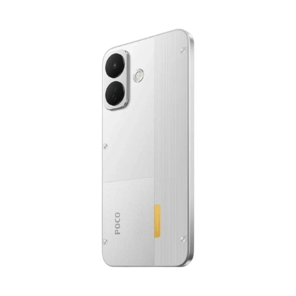 Xiaomi Poco X8 5G blanco con trasera metalizada, módulo doble de cámara 50MP con OIS, bordes planos y acabado elegante; diseño moderno y minimalista