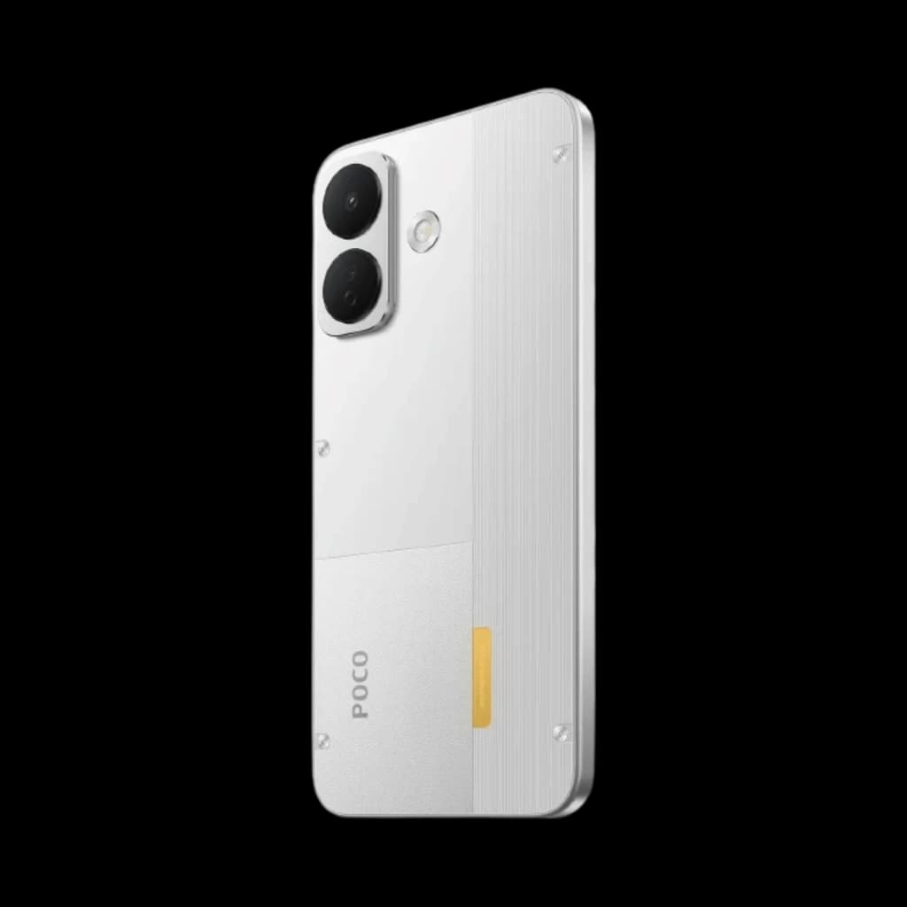 Xiaomi Poco X8 5G blanco con trasera metalizada, módulo doble de cámara 50MP con OIS, bordes planos y acabado elegante; diseño moderno y minimalista