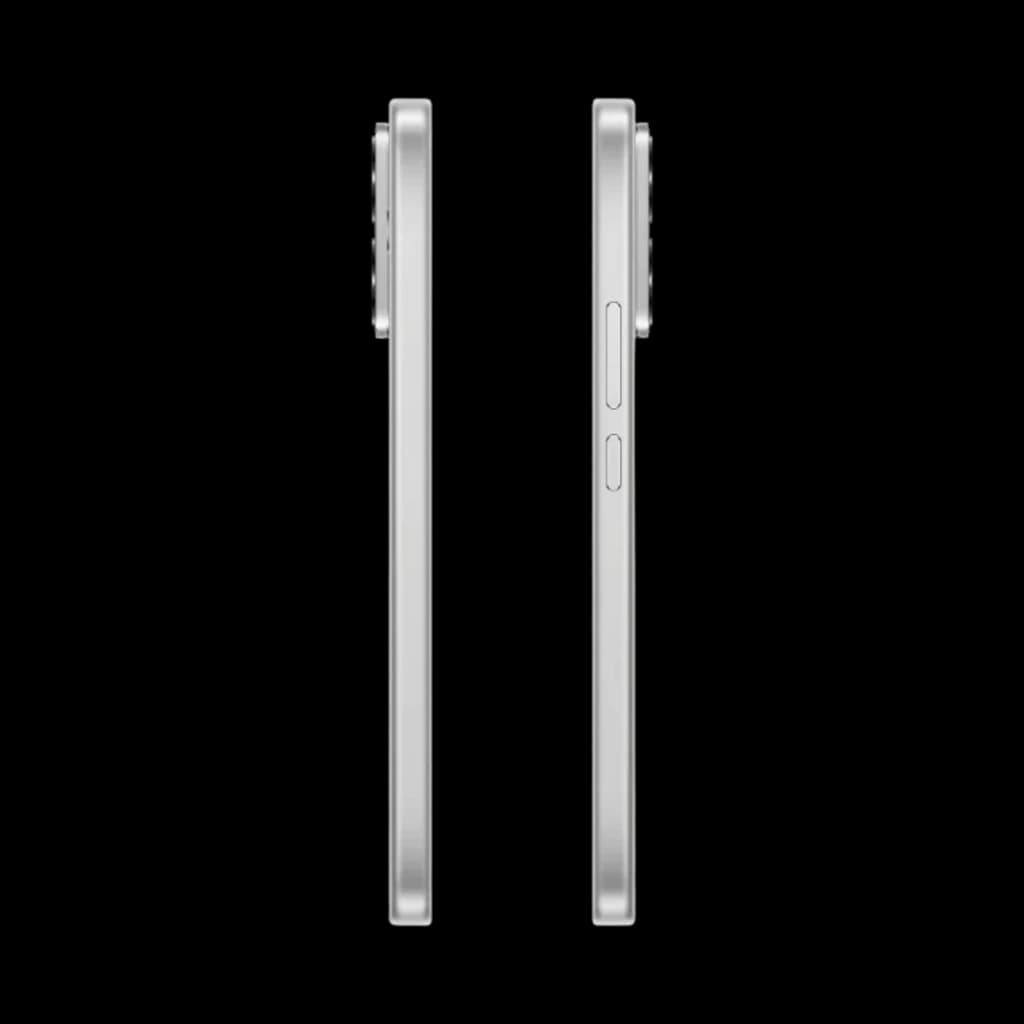 Borde lateral blanco del Xiaomi Poco X8 5G con perfil delgado, marco metálico mate, botón de encendido y módulo de cámara trasera sobresaliente