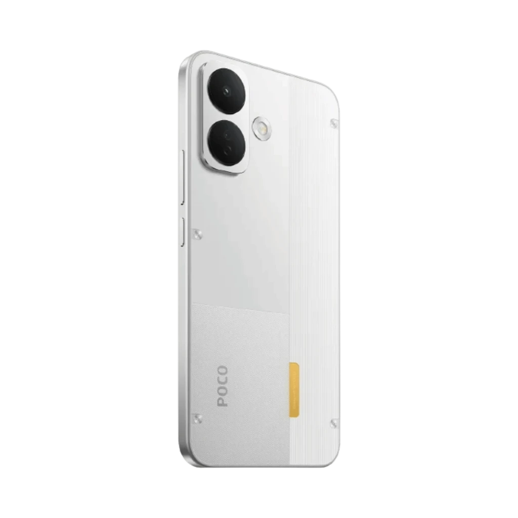 Smartphone blanco con dos cámaras traseras grandes, módulo elevado y borde metálico; diseño minimalista con detalles en gris y acento amarillo POCO