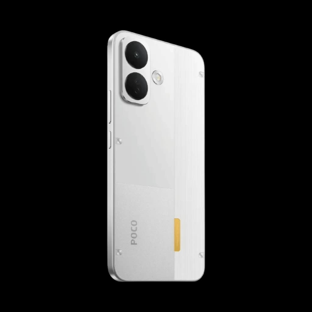 Smartphone blanco con dos cámaras traseras grandes, módulo elevado y borde metálico; diseño minimalista con detalles en gris y acento amarillo POCO