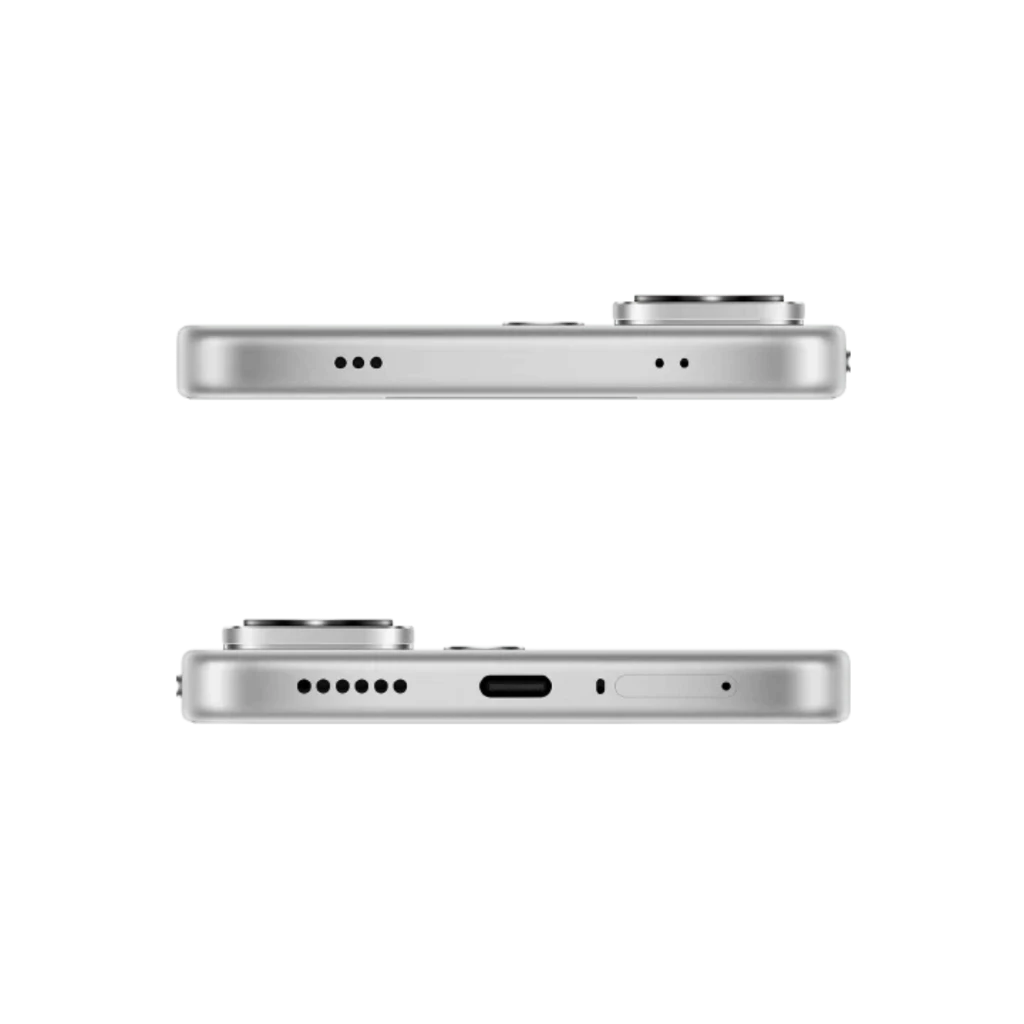 Bordes plateados con doble módulo de cámara prominente, altavoces estéreo, puerto USB-C y bandeja SIM; acabado blanco elegante y delgado