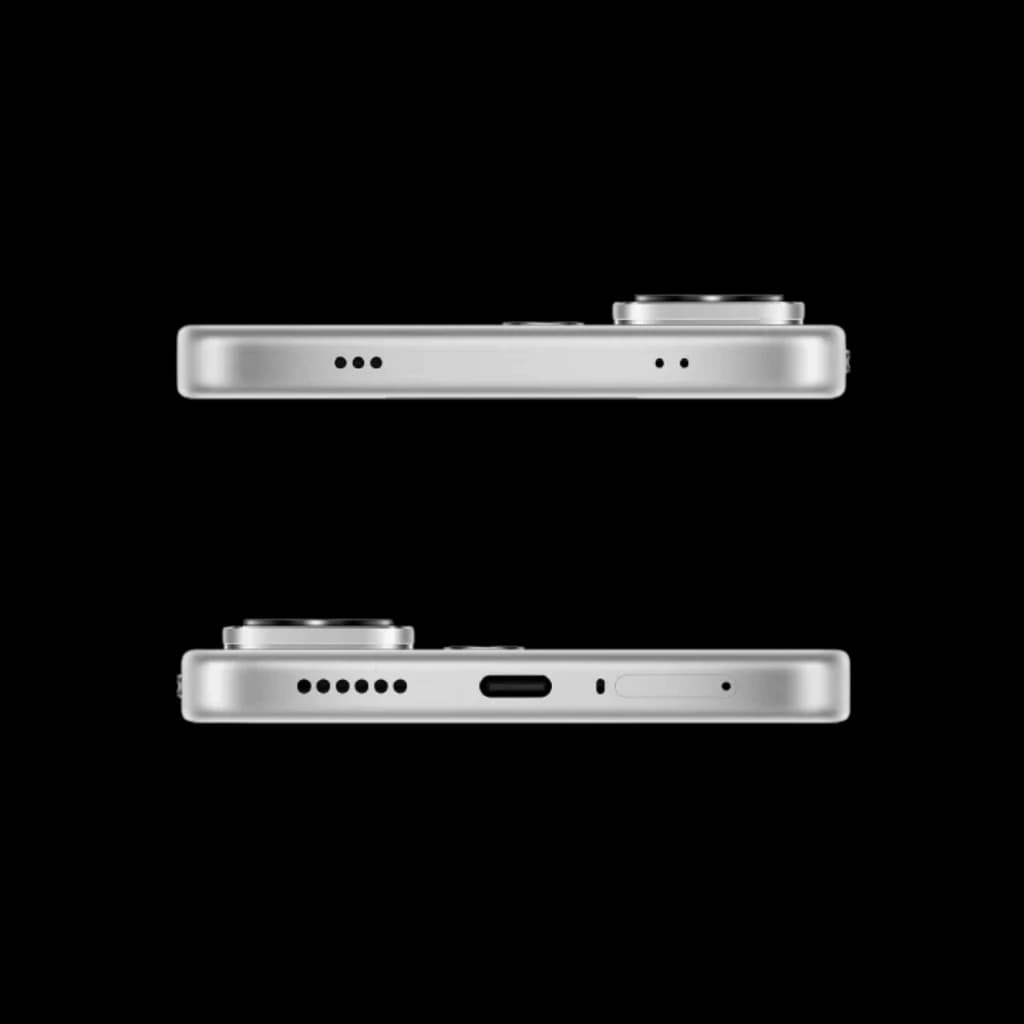 Bordes plateados con doble módulo de cámara prominente, altavoces estéreo, puerto USB-C y bandeja SIM; acabado blanco elegante y delgado