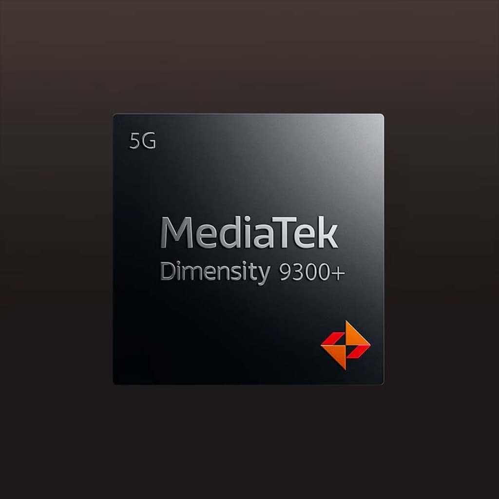 Chip MediaTek Dimensity 9300 Plus 5G em close-up, corpo quadrado preto com logotipo colorido no canto, acabamento fosco e tipografia metálica elegante