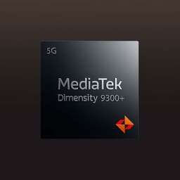 Chip MediaTek Dimensity 9300 Plus 5G em close-up, corpo quadrado preto com logotipo colorido no canto, acabamento fosco e tipografia metálica elegante