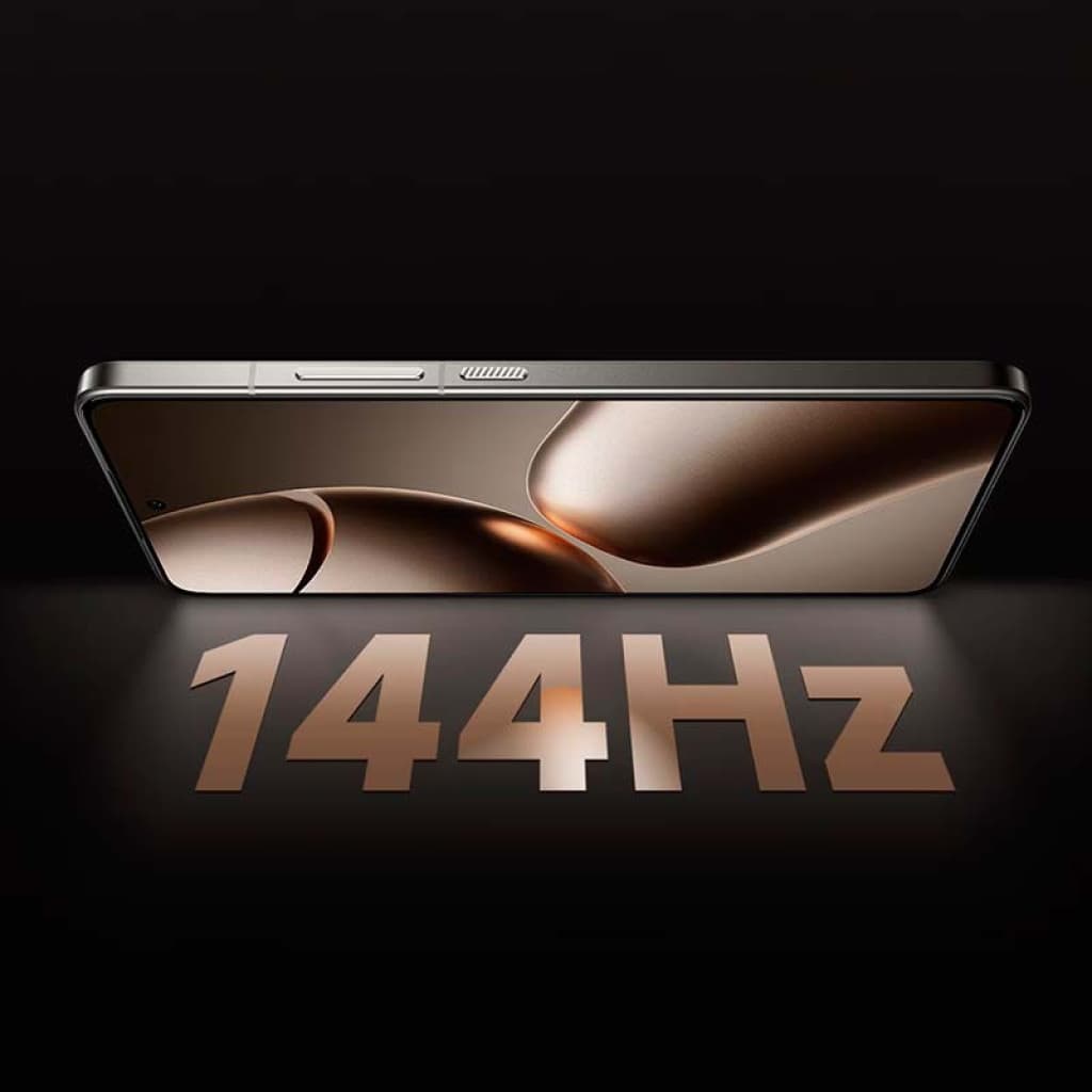 Xiaomi 14T Pro 5G prateado, usado excelente. Tela quase sem bordas em ângulo lateral, destaque para taxa de atualização 144 Hz em tipografia grande.