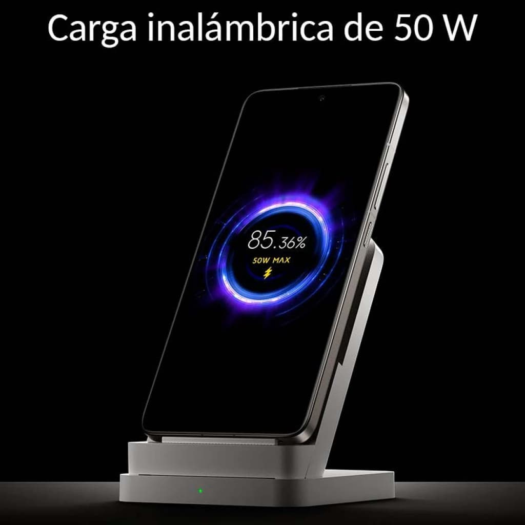 Xiaomi 14T Pro 5G prateado usado em excelente estado com base de carregamento sem fio 50 W, tela ligada exibindo 85,36% e LED verde na base