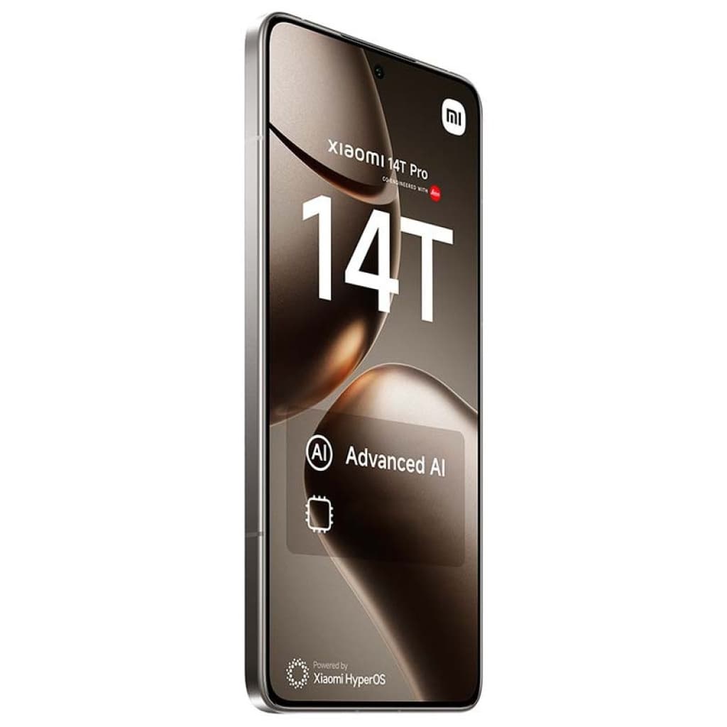 Xiaomi 14T Pro 5G prateado, tela ampla com bordas finas, furo central para câmera, interface HyperOS destacada e selo AI. Usado em excelente estado