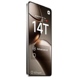 Xiaomi 14T Pro 5G prateado, tela ampla com bordas finas, furo central para câmera, interface HyperOS destacada e selo AI. Usado em excelente estado