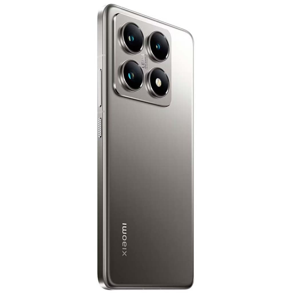 Xiaomi 14T Pro 5G prateado usado em excelente estado, corpo metálico elegante e módulo traseiro com quatro câmeras grandes e salientes, 12 GB e 512 GB