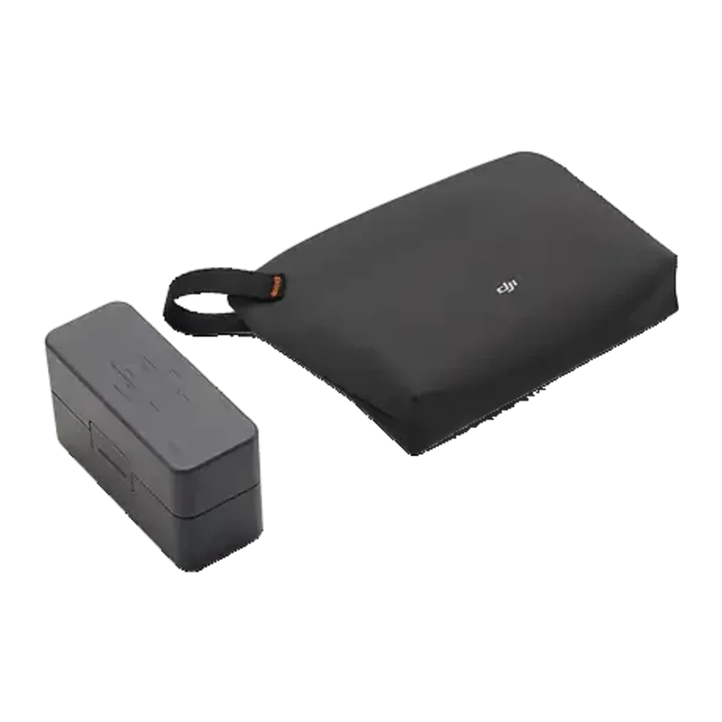 Microfone sem fios DJI Mic Mini 2S Bluetooth 5.3 2 TX + 1 RX Estojo de Carregamento, vista superior: bolsa de tecido cinza
