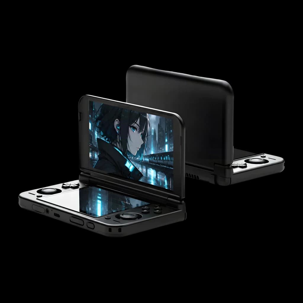 Consola portátil Retroid Pocket Duo Lite 4GB/64GB Negro, vista frontal y trasera: diseño clamshell abierto con pantalla