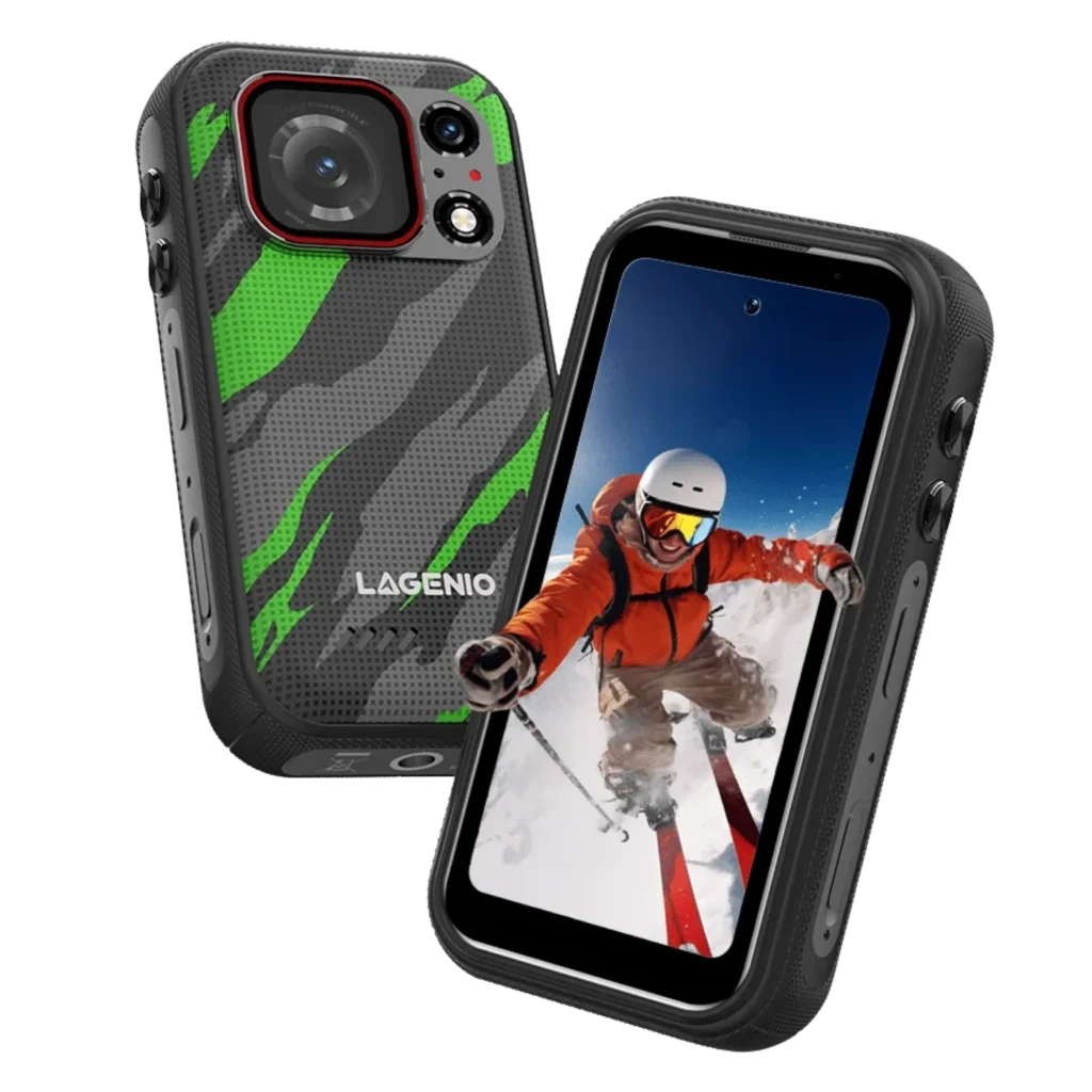 Lagenio Eagle Pro 12GB/256GB Verde con diseño robusto, carcasa negra con franjas verdes, cámara trasera grande con flash y pantalla frontal con perforación