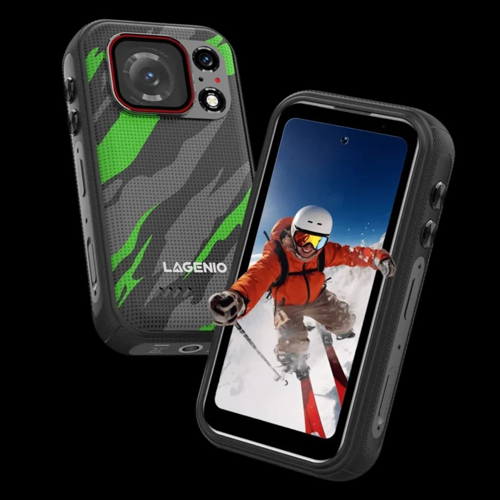 Lagenio Eagle Pro 12GB/256GB Verde con diseño robusto, carcasa negra con franjas verdes, cámara trasera grande con flash y pantalla frontal con perforación