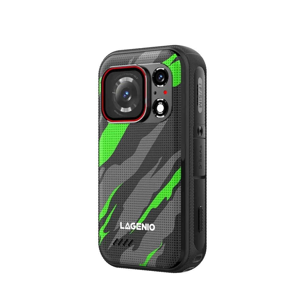 Lagenio Eagle Pro 12GB/256GB Verde con carcasa rugerizada negra y acentos verde neón, gran lente con aro rojo, doble flash, botones laterales y ranuras