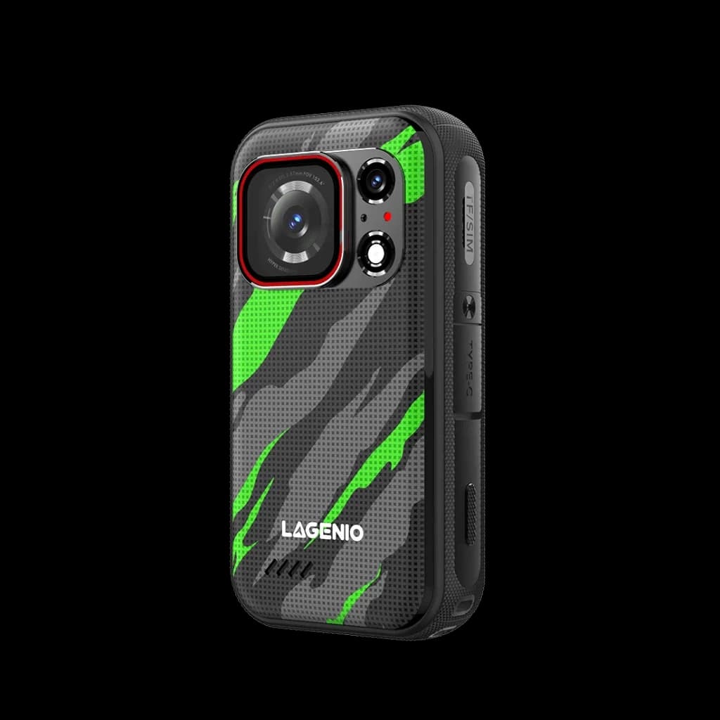 Lagenio Eagle Pro 12GB/256GB Verde con carcasa rugerizada negra y acentos verde neón, gran lente con aro rojo, doble flash, botones laterales y ranuras