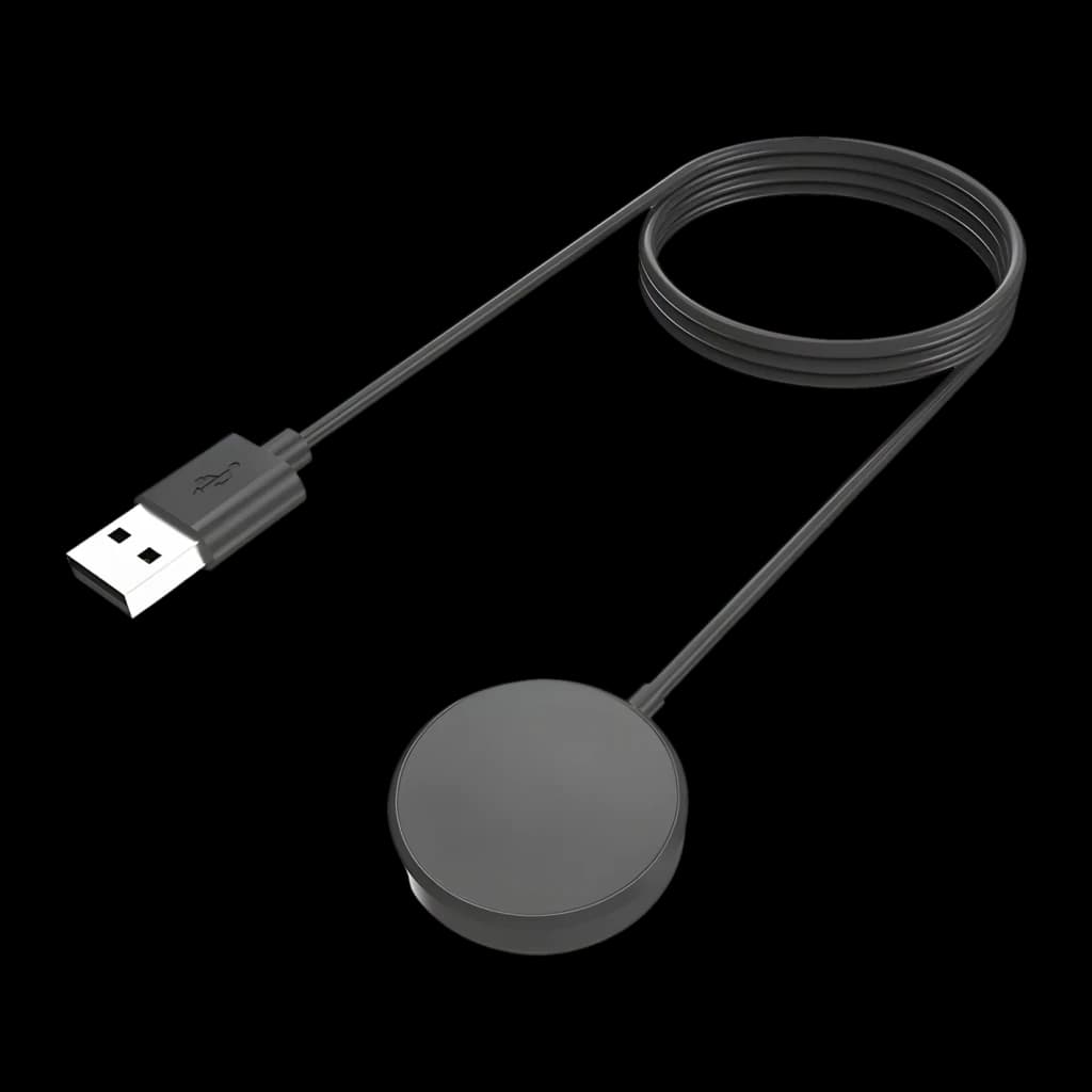 Cargador magnético USB para smartwatch Samsung, base redonda negra con cable largo y conector USB-A, diseño compacto y ligero compatible Galaxy Watch Ultra