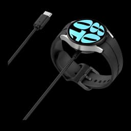 Cargador magnético USB‑C para Galaxy Watch Ultra 2, Ultra, 9, 8, 8 Classic y 7; base circular compacta y cable negro delgado para carga rápida y estable