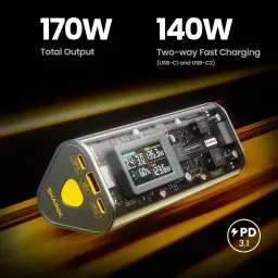 Power bank Sharge Shargeek 170 gris con carcasa transparente, pantalla LCD, puertos USB-C y USB-A, 24000 mAh, carga rápida bidireccional 140W y salida total