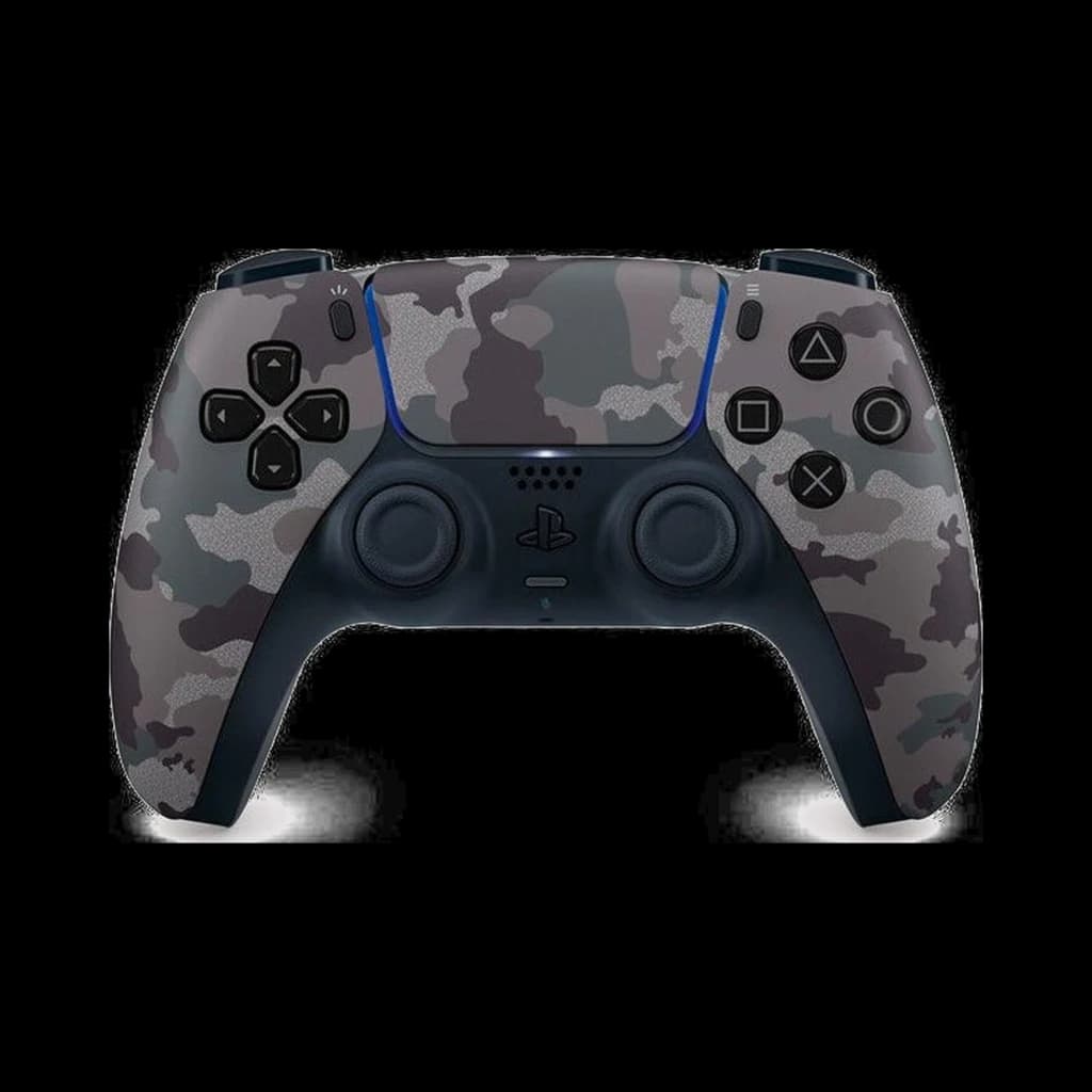 Mando Sony DualSense PS5 reacondicionado en estado excelente, acabado gris camuflaje, botones negros, luces azules y diseño ergonómico con touchpad central