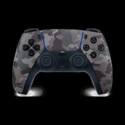 Mando Sony DualSense PS5 reacondicionado en estado excelente, acabado gris camuflaje, botones negros, luces azules y diseño ergonómico con touchpad central