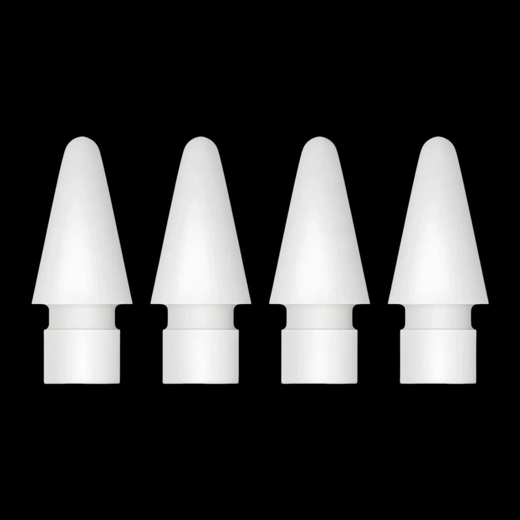 Pontas de substituição Apple Pencil Tips Pack 4 Unidades Branco Silicone, vista frontal: 4 pontas cónicas brancas alinhadas