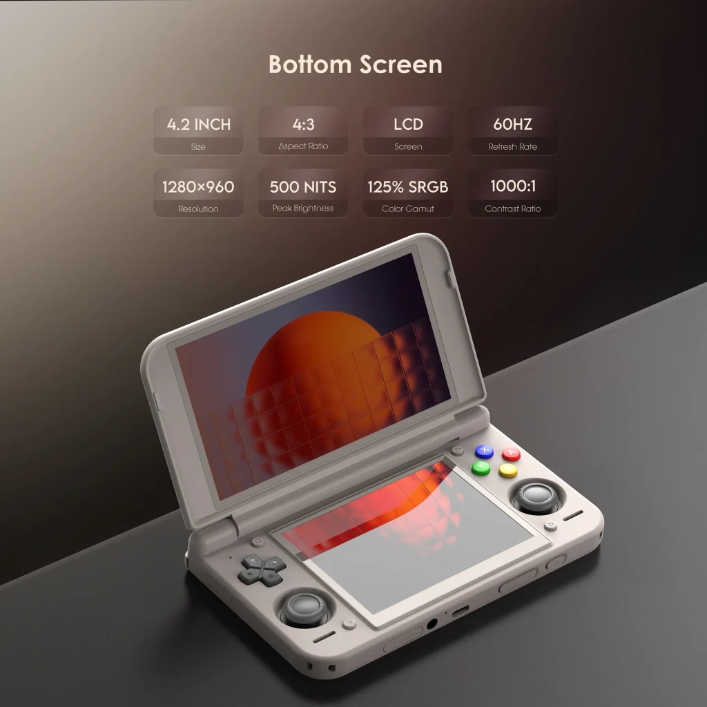 Consola portátil Retroid Pocket Duo Lite 4GB/64GB Dois ecrãs dobráveis, ecrã inferior: LCD 4,2" 1280×960 500 nits aberto