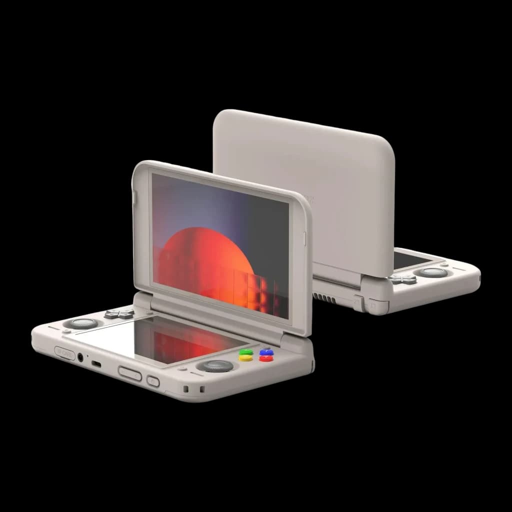 Consola portátil Retroid Pocket Duo Lite 4GB/64GB Dois ecrãs dobráveis, vista frontal e traseira: aberta com dois ecrãs