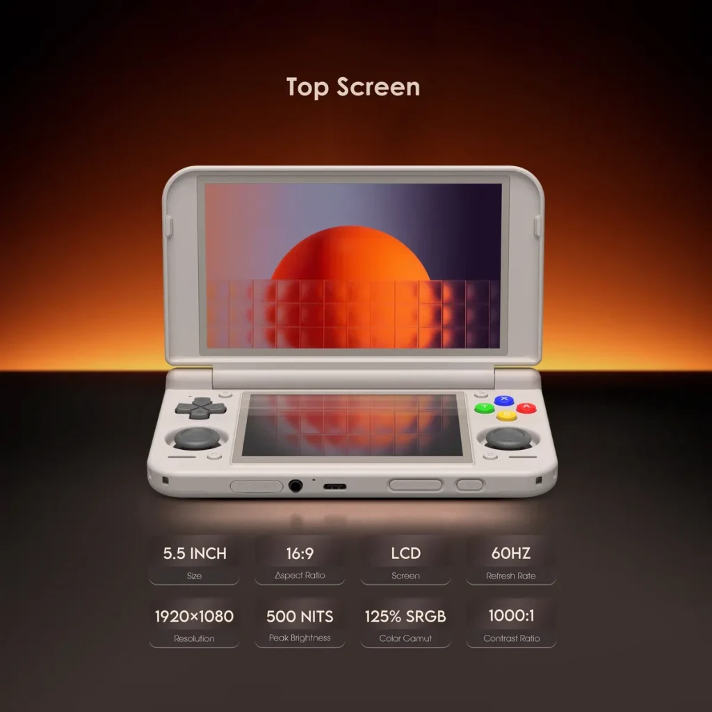 Consola portátil Retroid Pocket Duo Lite 16Bit 6GB/128GB Laranja, ecrã superior: LCD 5,5" 1080p aberto com especificações