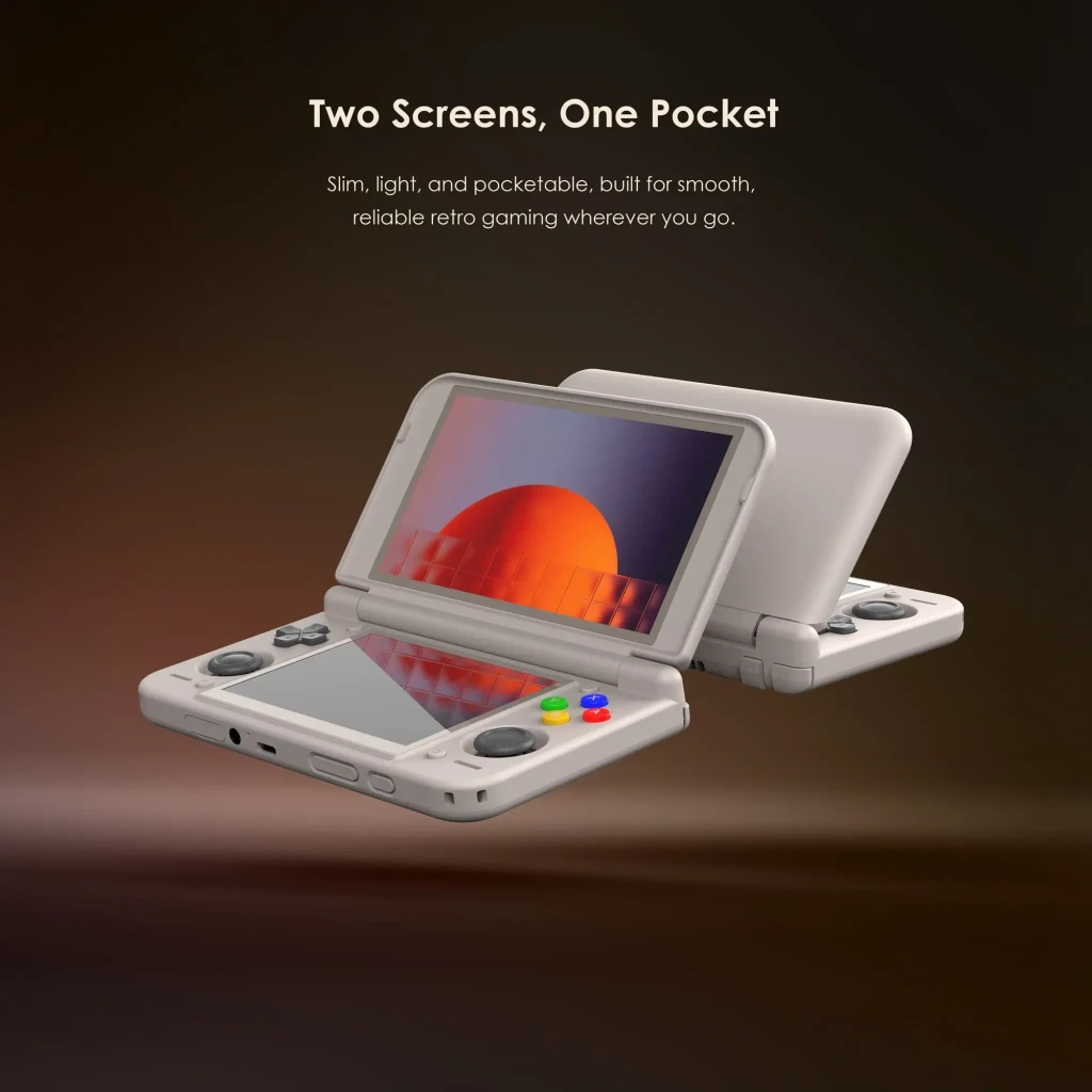 Consola portátil Retroid Pocket Duo Lite 16Bit 6GB/128GB Laranja, vista dupla: duas unidades abertas exibindo design